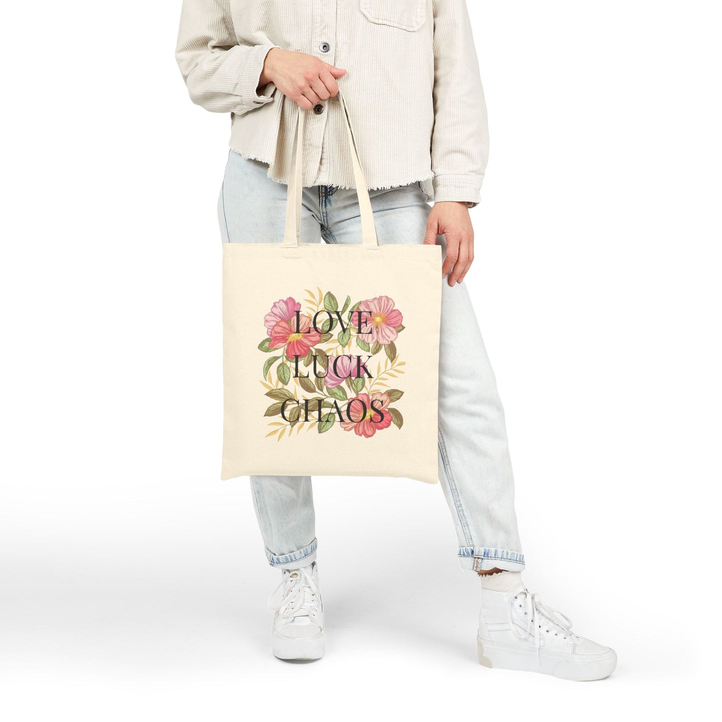 Floral "Love, Luck, Chaos" Tote Bag